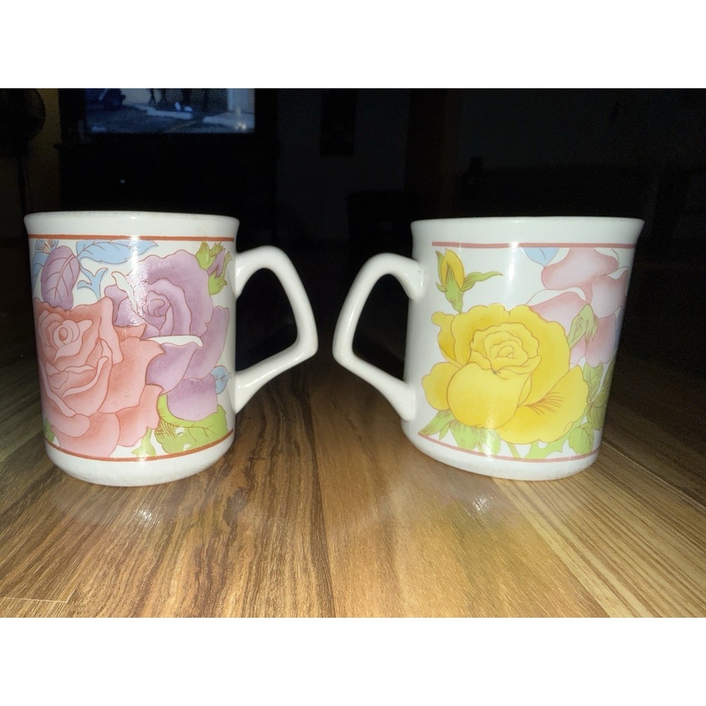VTG Set Of 2 Artisan Pottery Chinese Floral Coffee Mug Tea Cup China